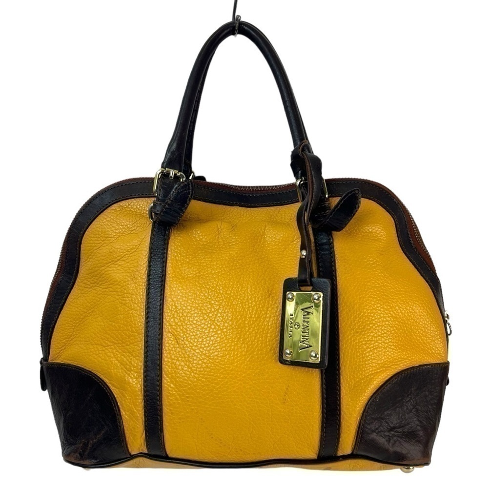 Valentina Italian Leather Mustard Yellow Brown Dome Satchel Bag Pebbled Shoulder